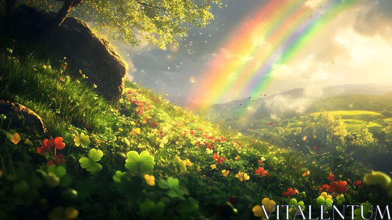 Hillside meadow with clover, wildflowers and double rainbow.