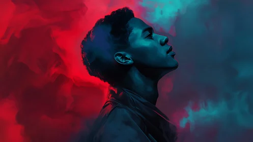 Digital portrait profile in red and teal vapor clouds.