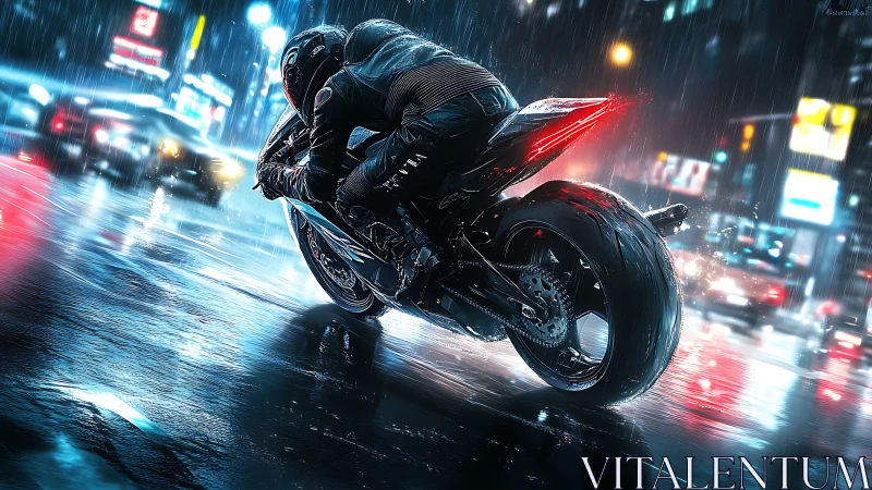 Midnight rider leans into neon rain and citylight speed