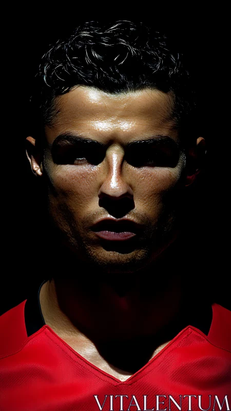 Male footballer portrait lit with strong frontal spotlight
