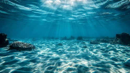 Submerged sandy seabed with dispersed coral and light rays.