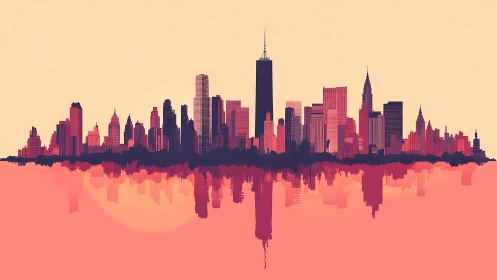 Sunset city skyline rendered in minimalist digital gradient