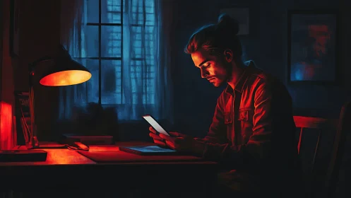 Man studying smartphone under red desk lamp in nocturnal room