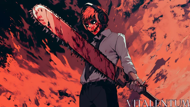 Chainsaw-headed humanoid figure with bloodstained weapon.