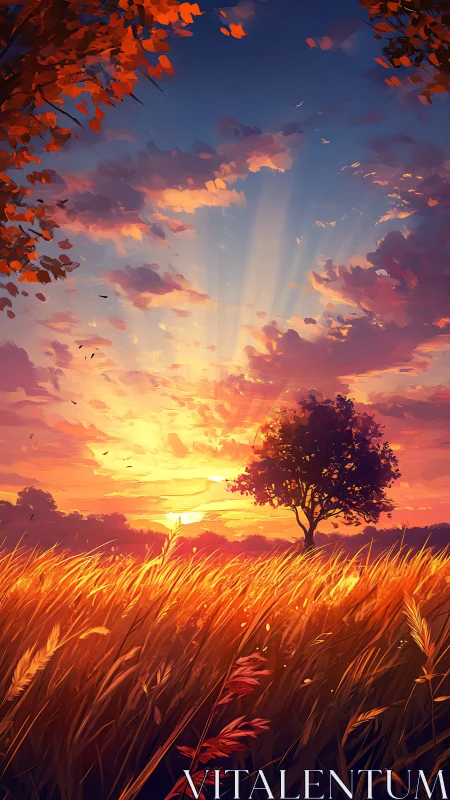 Spectral sunset over wind-driven wheatfield with silhouetted tree.