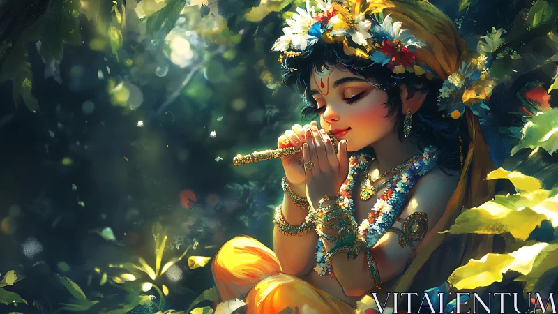 Youthful flute player in flower garland within forest light.