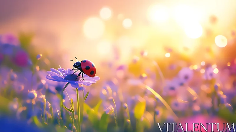 Ladybug rests on pastel flower in glowing spring light.