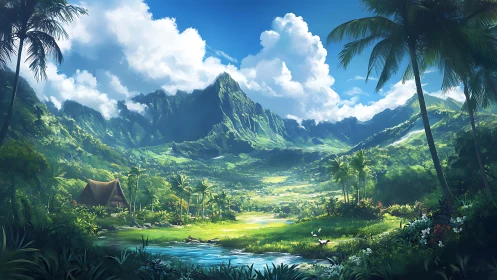 Lush tropical valley rendered in luminous digital landscape painting