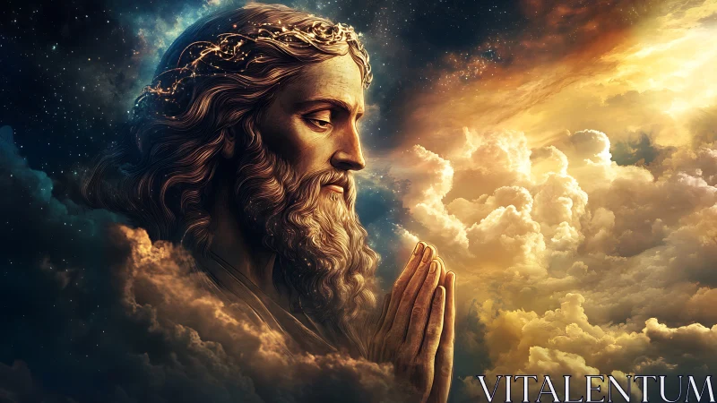 Serene bearded figure praying amid glowing celestial clouds.
