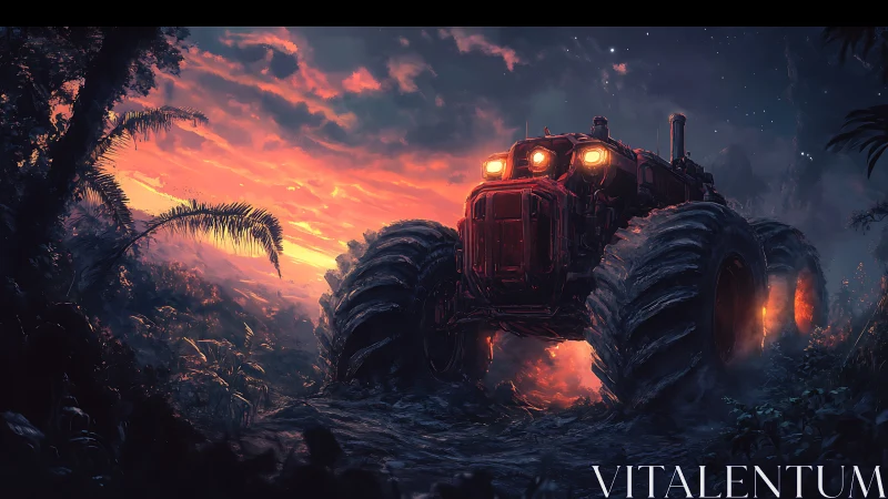 Massive off-road tractor advances through glowing jungle dusk