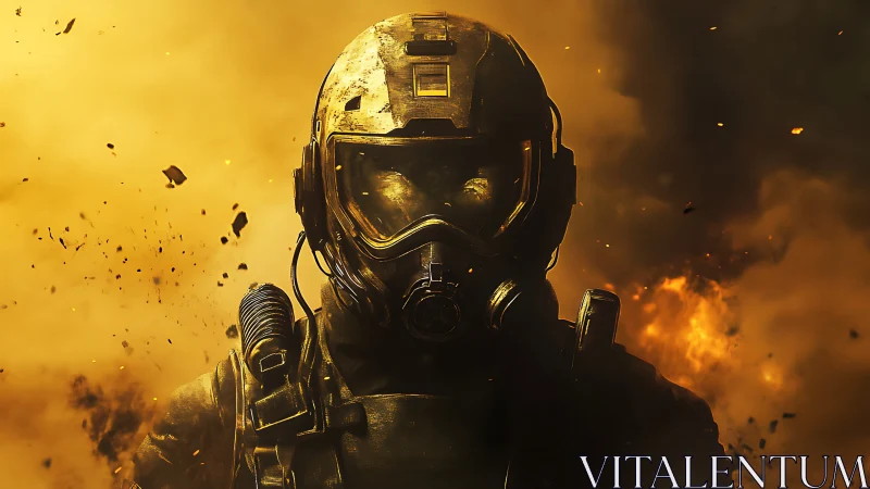 Armored soldier in gas mask amid dense explosive smoke.