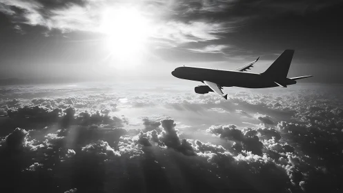 Silver jet sails through sunlit clouds in monochrome skies.
