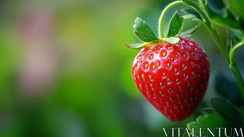 Ripe strawberry hangs on plant against blurred green background