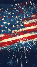 Bold patriotic fireworks bursting around the flag at night.