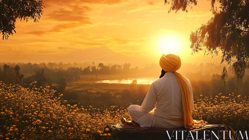Turbaned figure observes golden-hour valley with atmospheric haze