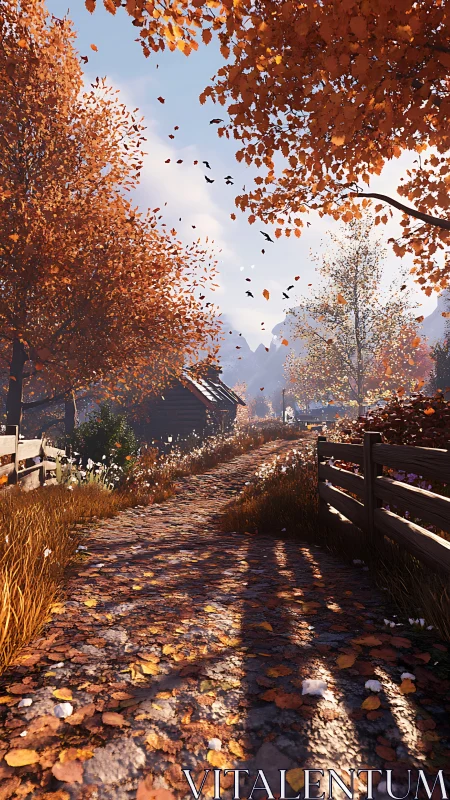 Procedural autumn lane with volumetric light and foliage simulation.