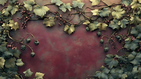 Verdant vines gently frame a weathered red backdrop