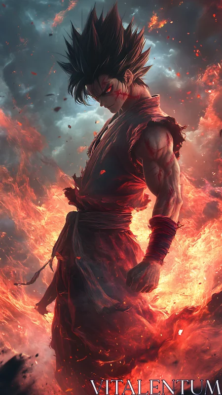 Flame-wreathed anime warrior in dynamic three-quarter profile