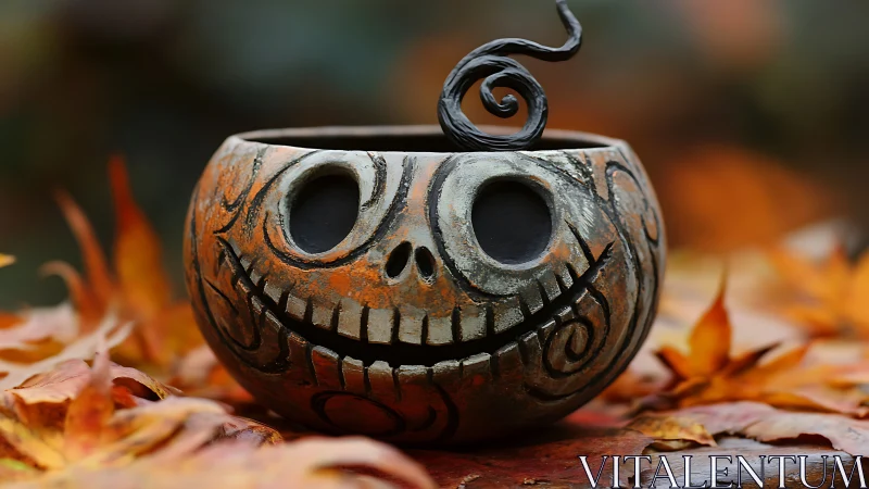 Grinning pumpkin cauldron rests amid glowing autumn leaves