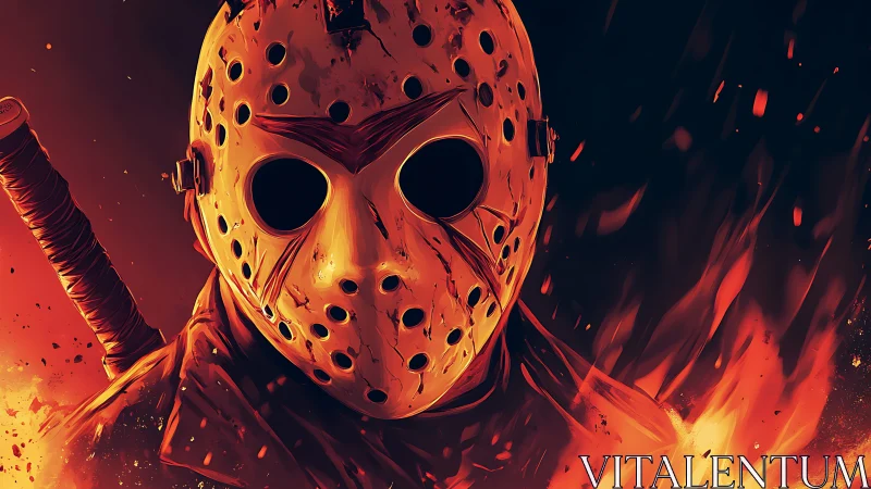 Hockey mask inferno stalker framed in molten shadows.