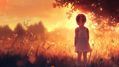 Backlit child silhouette in glowing golden meadow sunset.