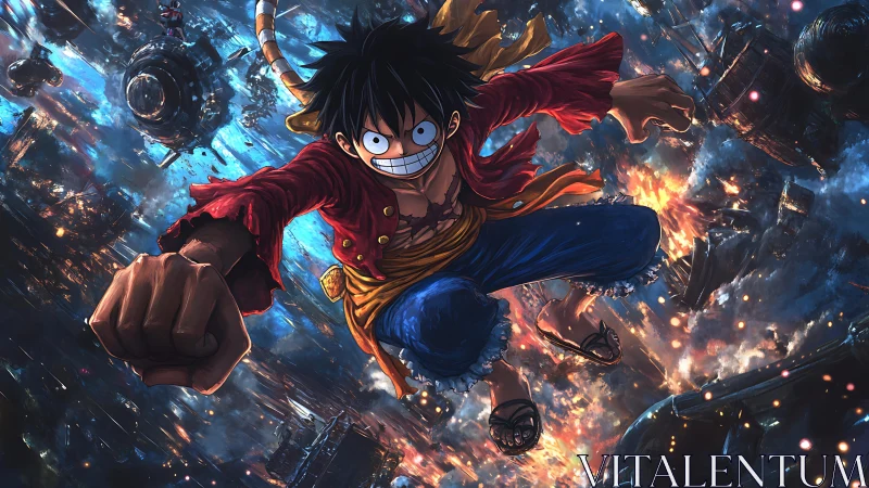 Energetic anime hero charges forward through fiery sky.