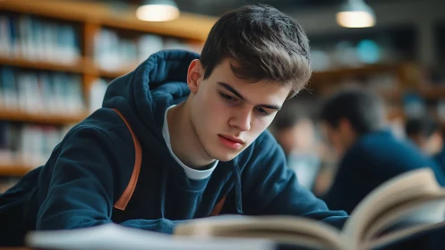 Photorealistic library study portrait with shallow depth of field.