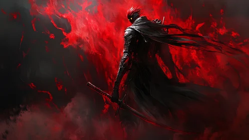 Bloodfire wraith swordsman stalks through crimson storm.