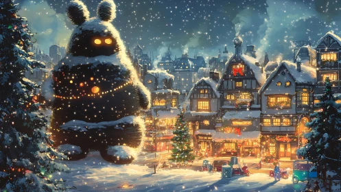 Giant glowing snow creature beside festive winter village.