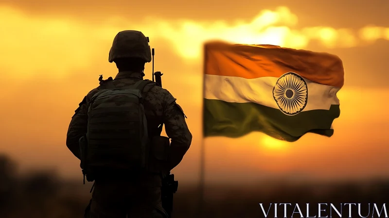 Backlit Indian soldier silhouette facing flag at warm sunset sky