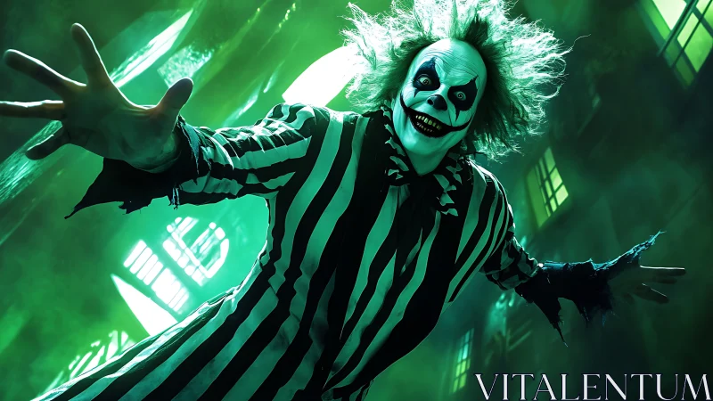 Striped-suit clown lunges forward in eerie green alley