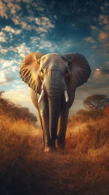 Elephant in dry grassland under partly cloudy sky at dusk.