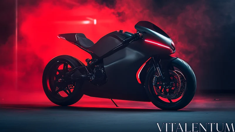 Sleek futuristic motorcycle glowing in bold red light.
