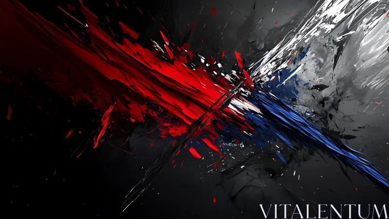Dynamic abstract art with red, blue, and white brushstrokes on black.