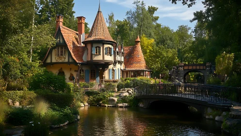 Fairytale riverside cottage with turreted roofs and iron bridge.