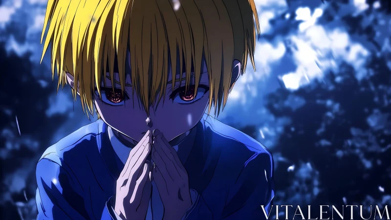 Quiet resolve beneath stormy blue shadows in anime still.