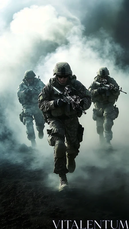 Armed soldiers advancing through dense ground smoke.