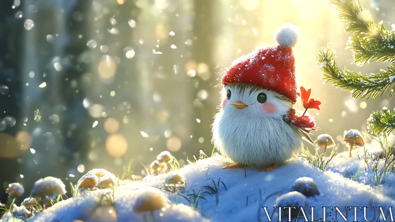 Tiny winter songbird pauses as snowlit forest sparkles