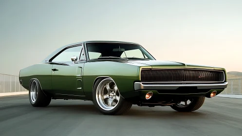 Emerald muscle charger prowls a sunlit empty highway dream.