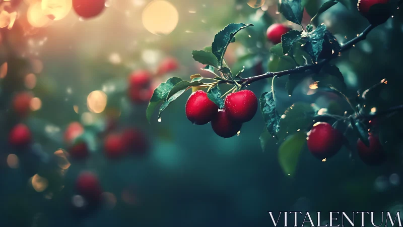 Backlit dewy red apples on branch with shallow depth of field