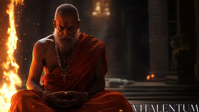 Emberlit monk bends inward while the temple forgets time