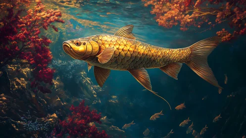 Gilded koi drifts through autumn-tinted underwater forest.