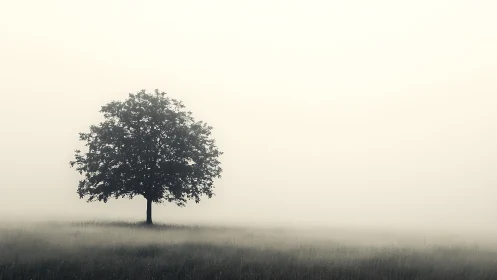 Solitary tree stands in quiet fog over an empty meadow.