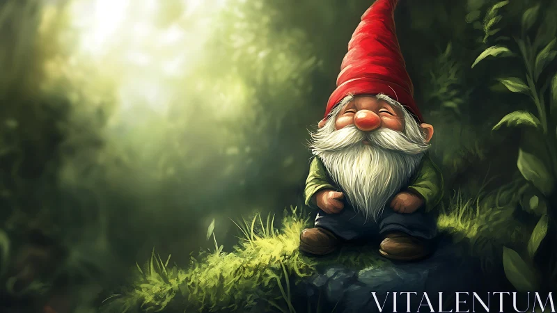 Smiling forest gnome rests on mossy rock under soft light