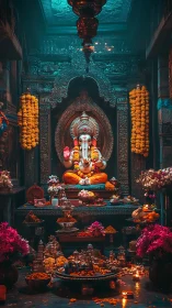 Ganesh idol in ornate shrine with cinematic warm lighting.