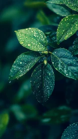 Close-up of wet green leaves with visible water droplets.