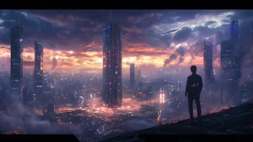 Twilight watcher above neon towers in stormlit megacity.