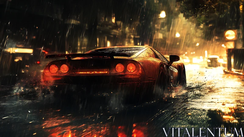 Rear-lit sports car accelerates through neon rain-soaked street
