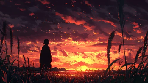 Twilight grasses cradle a lone watcher of the burning sky