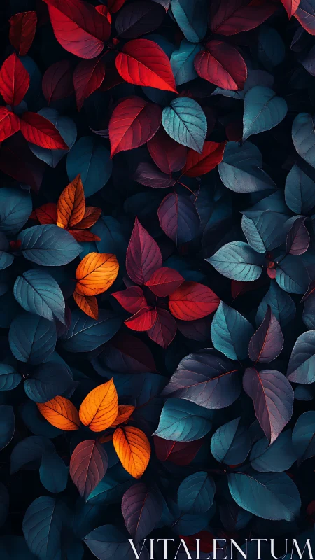Vibrant red and teal foliage forms dense abstract leaf tapestry